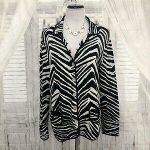 Chicos Size 2 Large Silk Cotton Button Knit Cardigan Jacket Black White Zebra